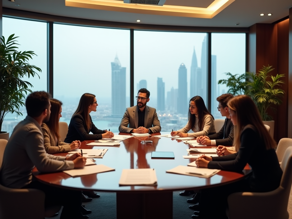 Group of professionals discussing around a table in a meeting room with cityscape background.