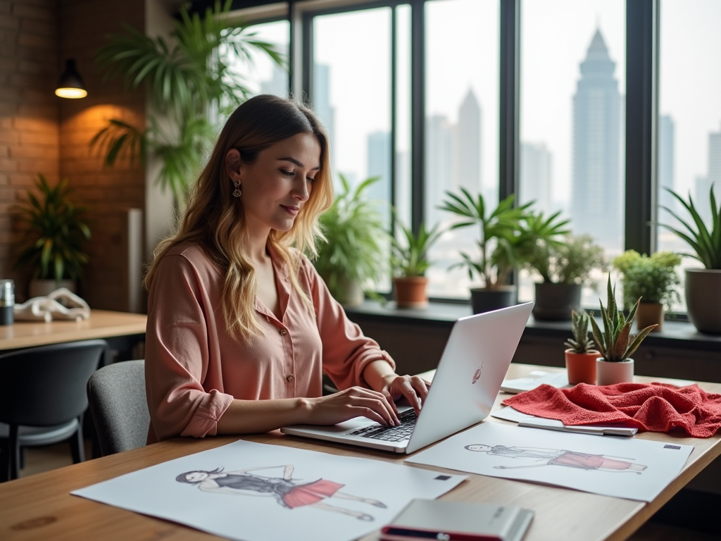 Woman working on laptop in an office with cityscape view and fashion designs on table.