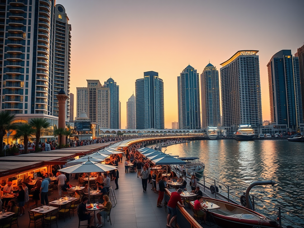 A vibrant waterfront scene with diners enjoying meals under umbrellas, surrounded by tall skyscrapers at sunset.