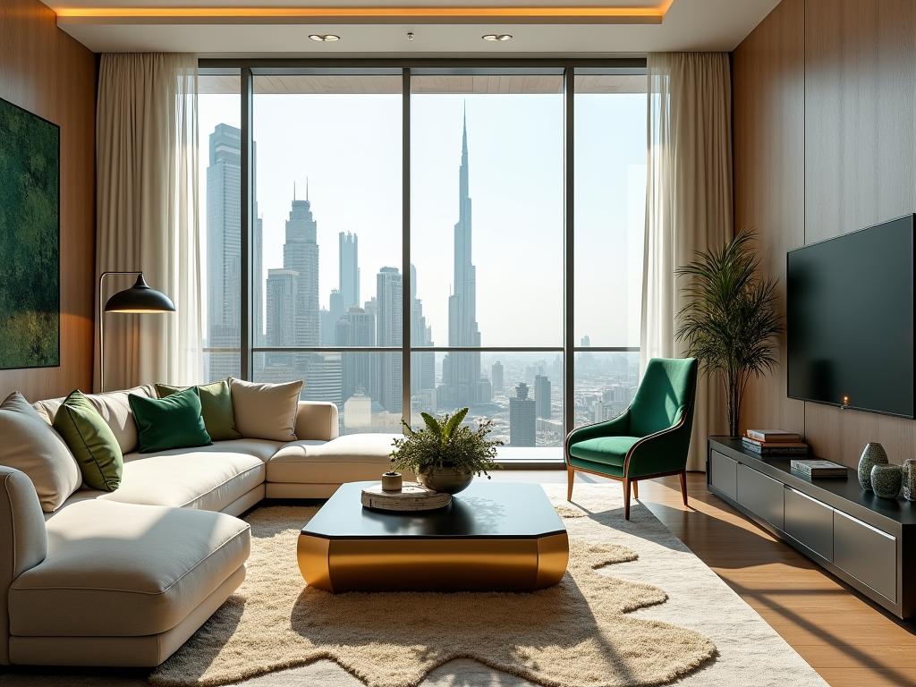 A stylish living room with a view of skyscrapers, featuring a modern couch, green accents, and a coffee table.