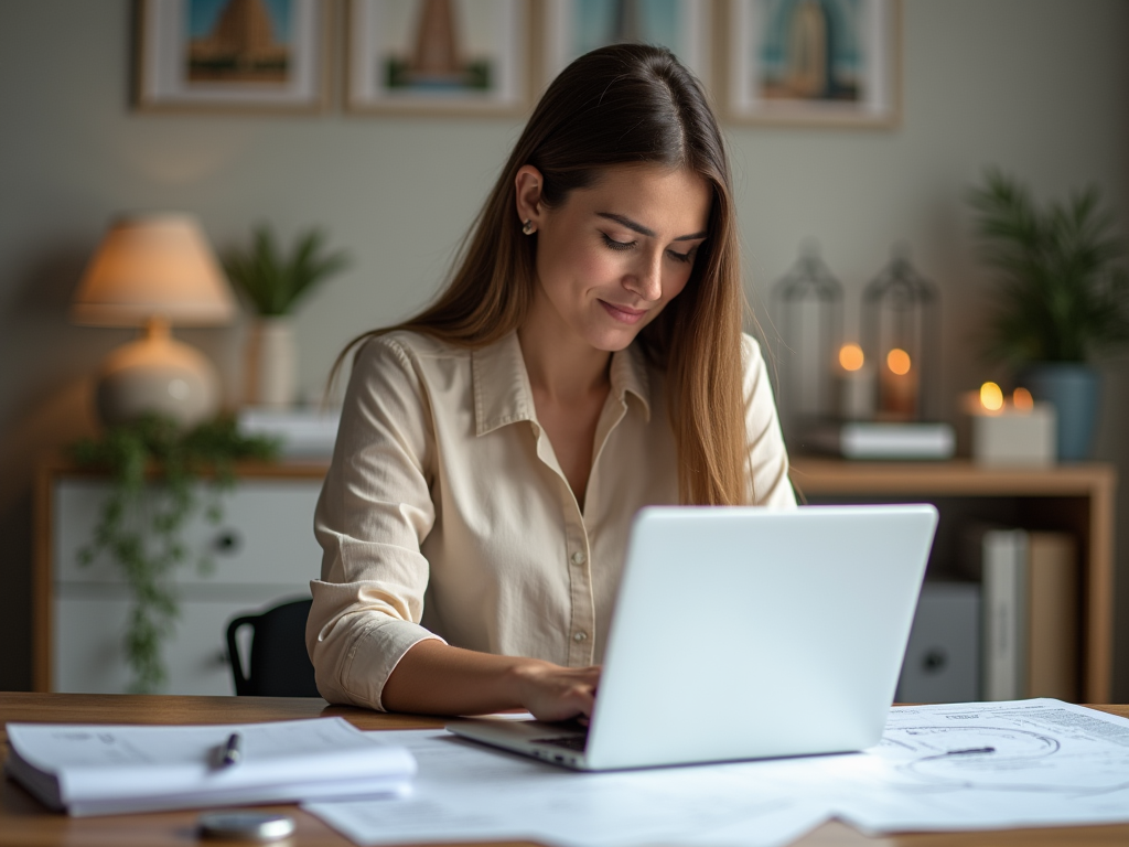 Woman working on laptop in cozy home office with warm lighting.