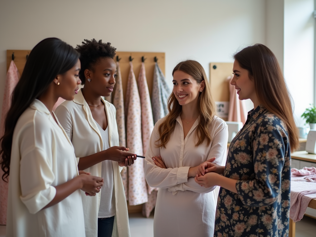 Four women chatting and smiling in a clothing store.