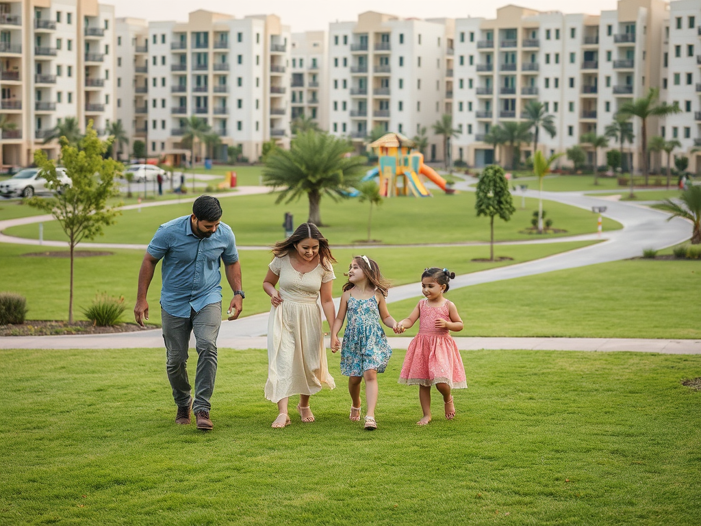 A family walks hand in hand on a grassy path, with modern apartments and a playground in the background.