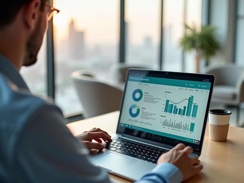 Businessman analyzing financial data graphs on laptop in office with city skyline in background.