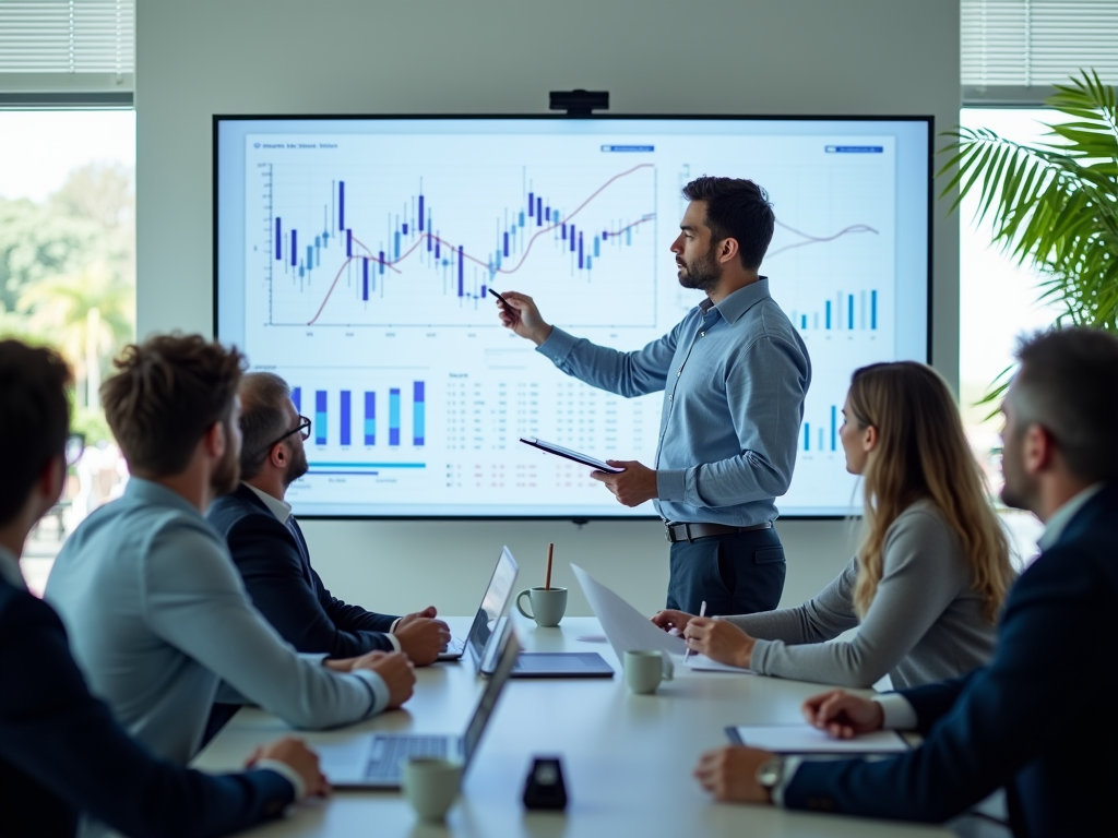 A man presents data on a screen to a group sitting at a conference table, with graphs and charts displayed behind him.