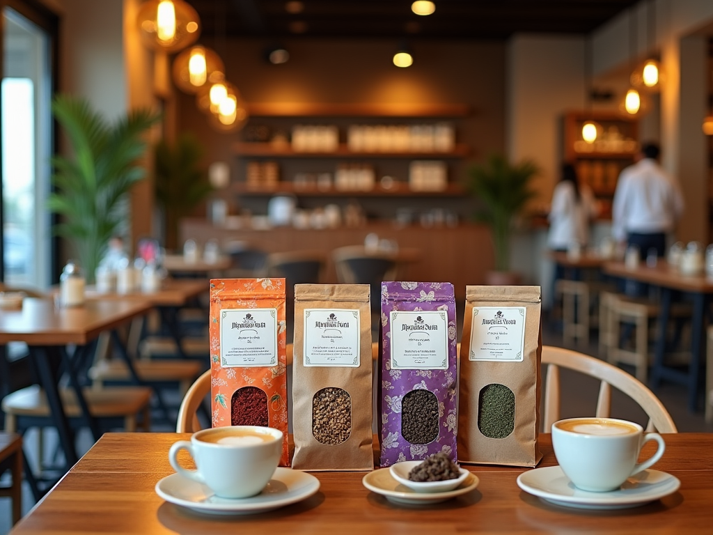 Three coffee packages and two cups of coffee on a table in a cozy cafe setting.