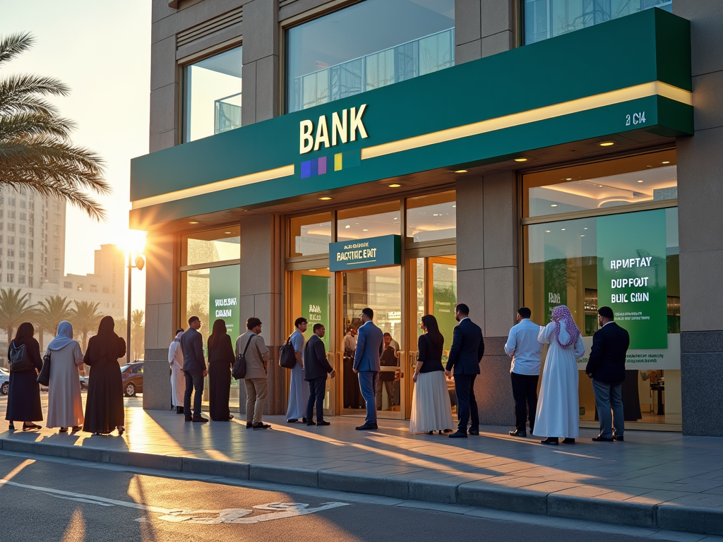 People queueing outside a bank entrance at sunset.