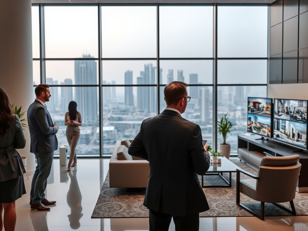 A group of business professionals stand in a modern office, overlooking a cityscape with multiple screens displaying images.