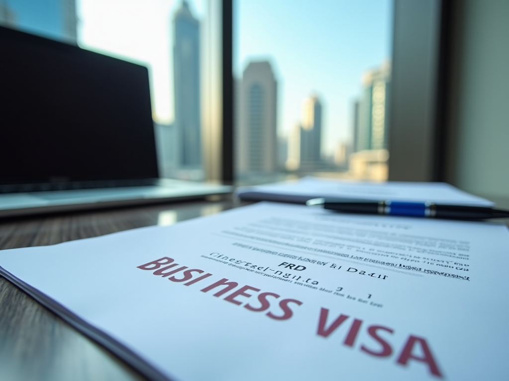 Business visa document on a desk with a pen, blurred laptop and cityscape in the background.