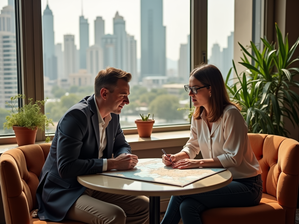 A man and a woman discuss plans over a map at a table, with a city skyline visible through the window.