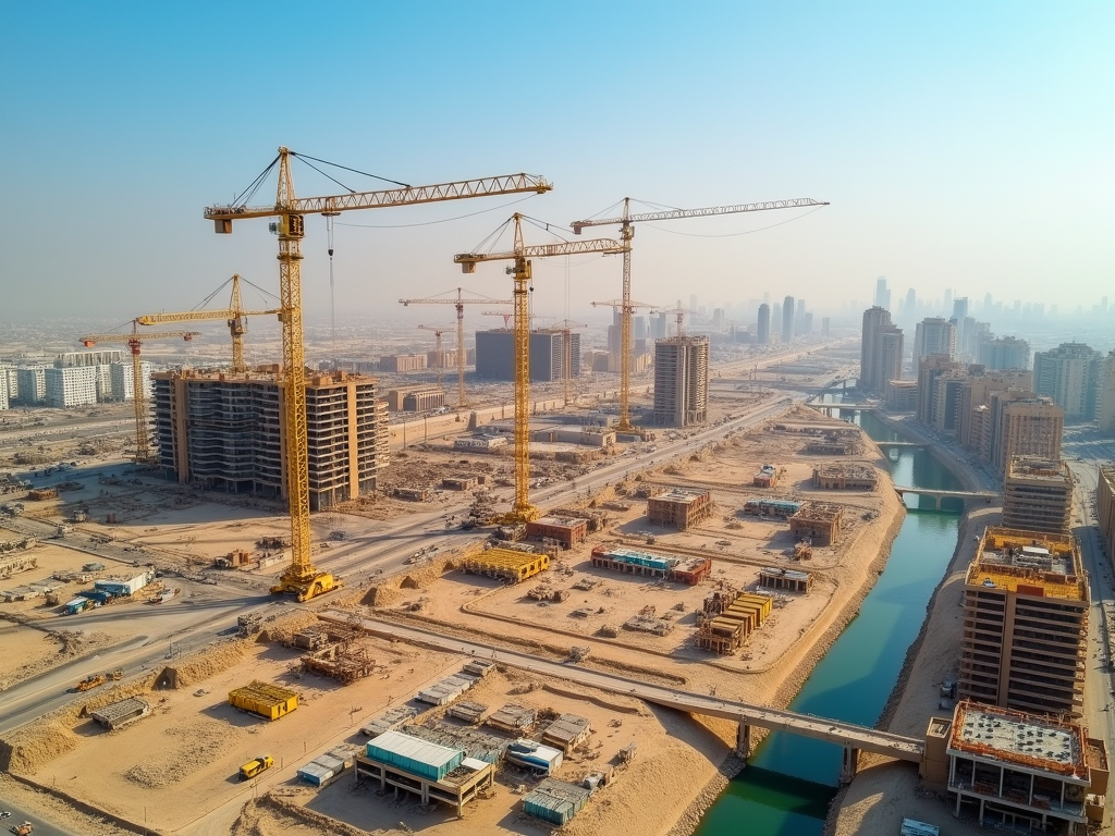 Aerial view of a construction site with cranes, buildings, and a canal amidst sandy terrain and a clear sky.