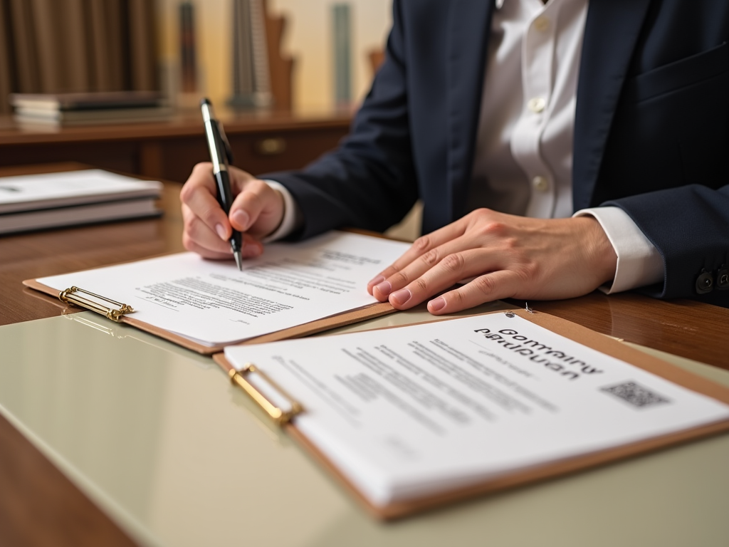 Person in suit signing a "Confidential Paperwork" document on a desk.