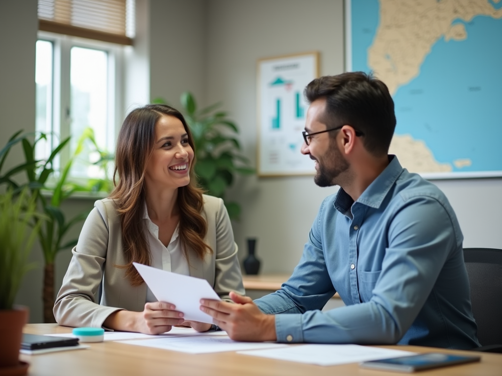 Two colleagues smiling and discussing a document in an office setting.