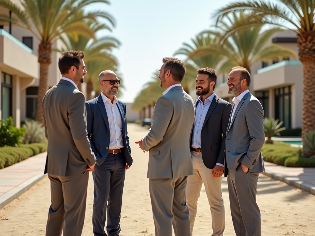 A group of six businessmen in suits engaged in conversation on a sunny, palm-lined path.