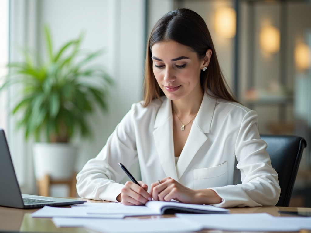 Woman in a white blazer writing at a desk in a modern office.