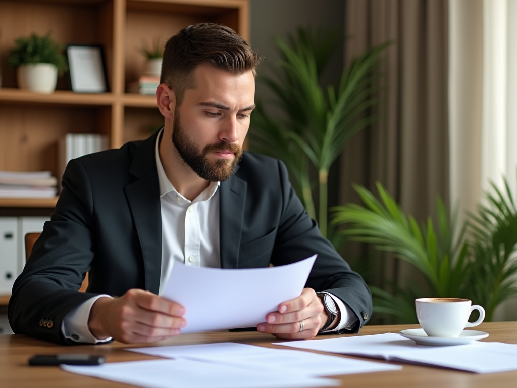 Focused business man reviewing documents at his desk with coffee cup, in a modern office setting.