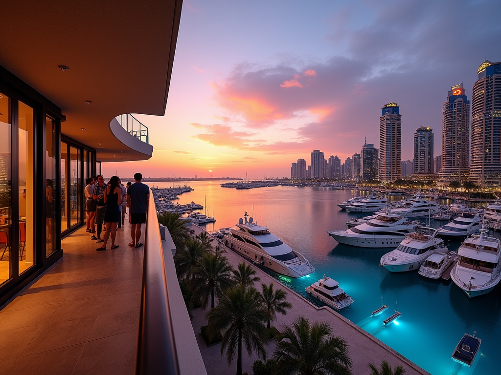 A vibrant sunset over a marina with people enjoying the view from a balcony surrounded by yachts and skyscrapers.