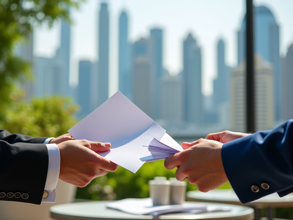 Two businesspeople exchanging documents outdoors with a city skyline in the background.