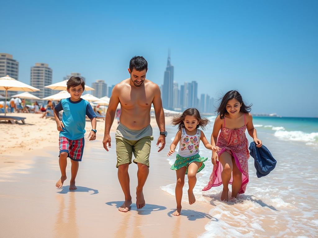 A man and three children joyfully run along the beach, splashing in the waves, with tall buildings in the background.