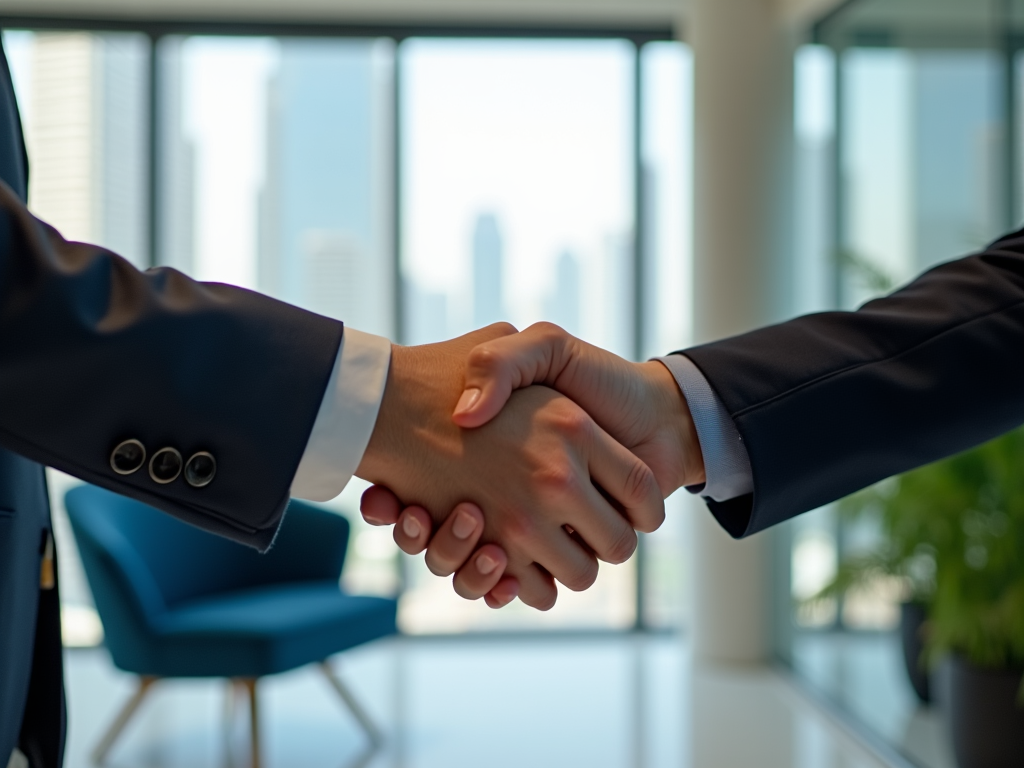 Two professionals shaking hands in a bright office with cityscape in the background.