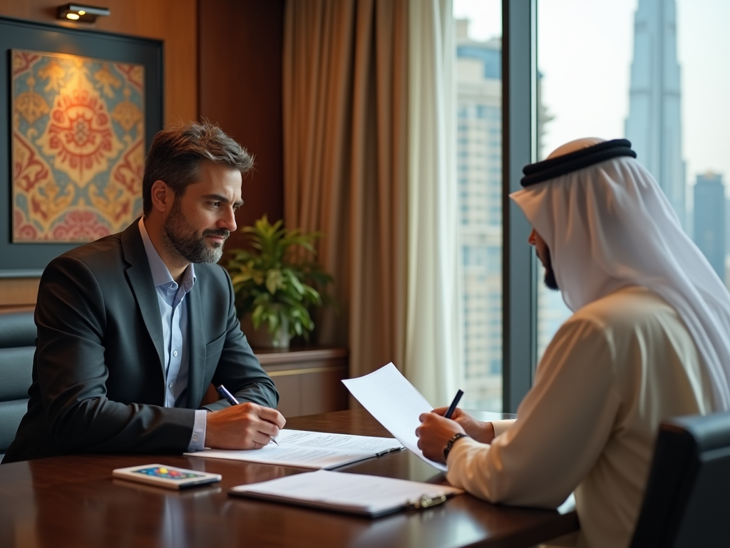 Two men in a business meeting, one in a suit and the other in traditional Emirati attire, reviewing documents.