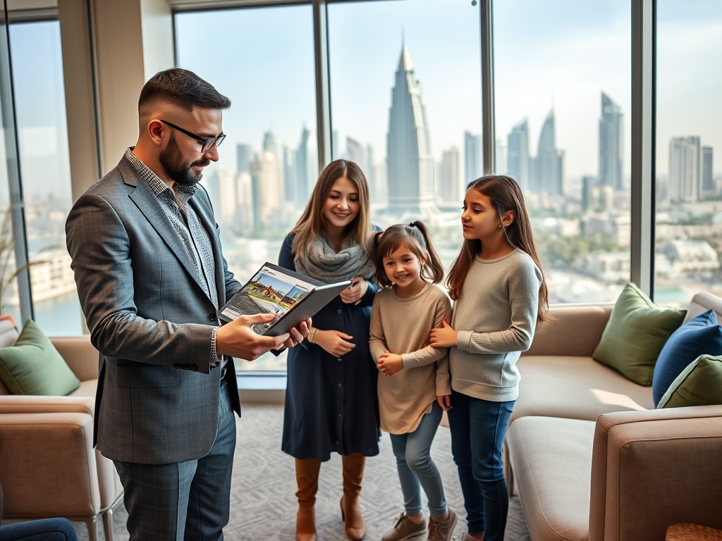 A man in a suit shows a brochure to three smiling women and girls in a stylish room with a city view.