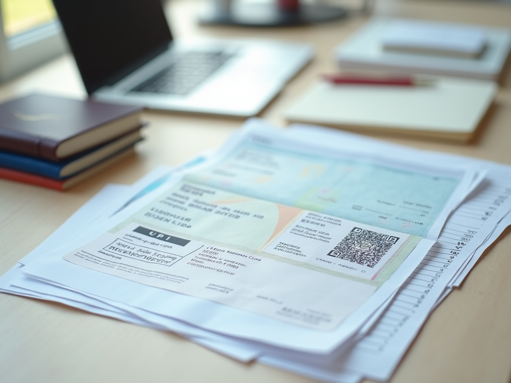 Documents on a desk with a laptop and books in the background.