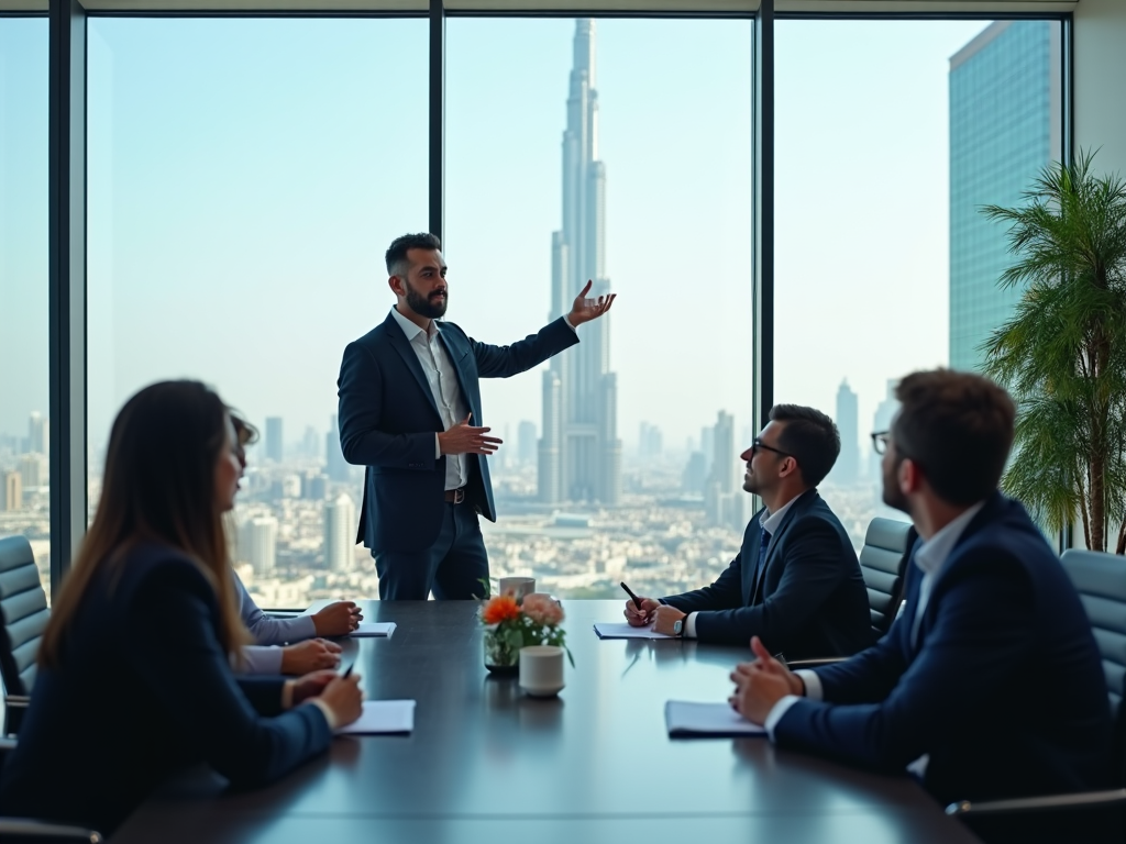 Businessman presenting to colleagues in a modern office with city skyline view.