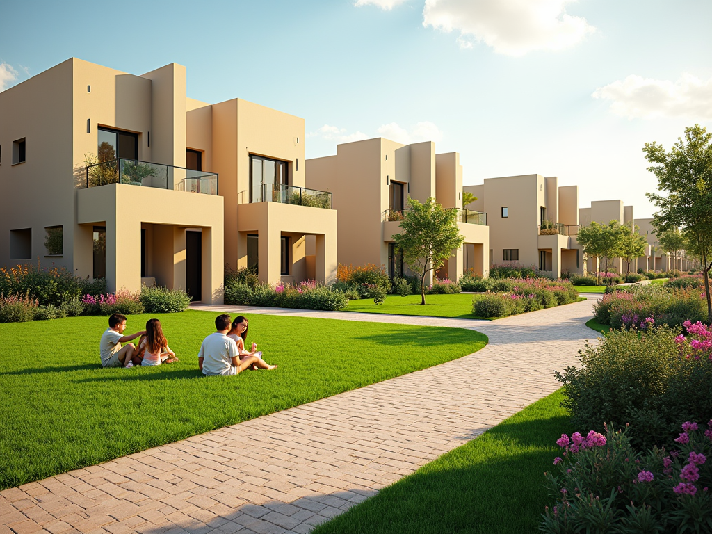 A serene neighborhood with modern houses, a pathway, and people relaxing on the lush green lawn among flowers.