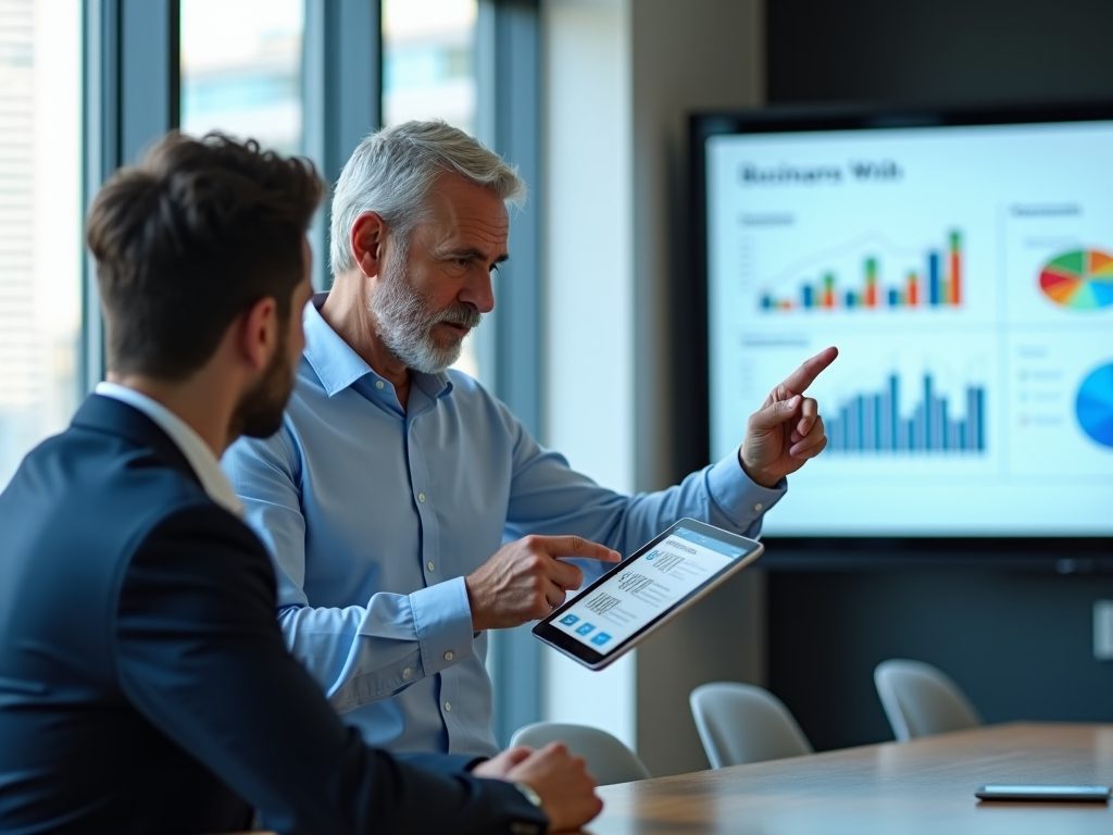 Two professional men discussing business data on a tablet in a meeting room with charts on screen.