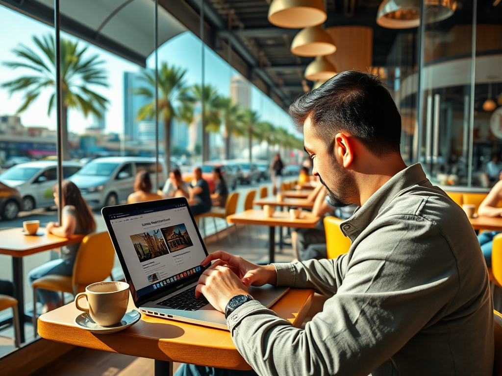 A man works on his laptop at a café, with palm trees and cars visible outside, enjoying a cup of coffee.