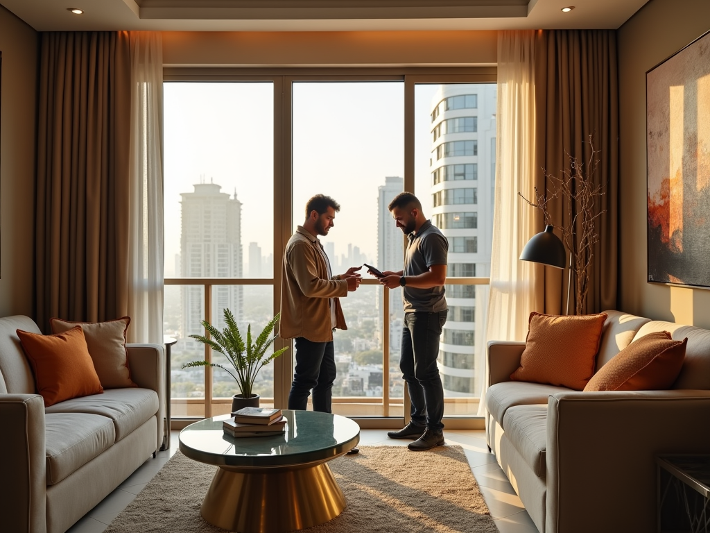 Two men stand in a modern living room discussing something, with a city skyline visible through large windows.