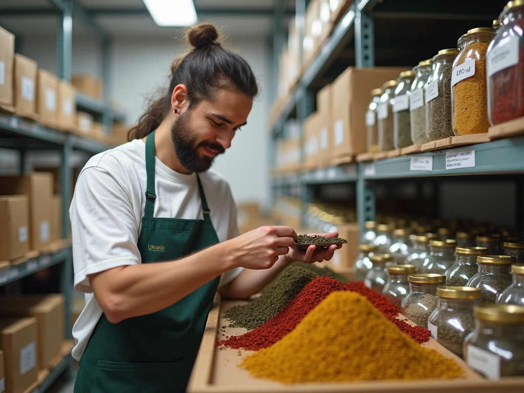 Man in apron examining spices in warehouse with jars on shelves.