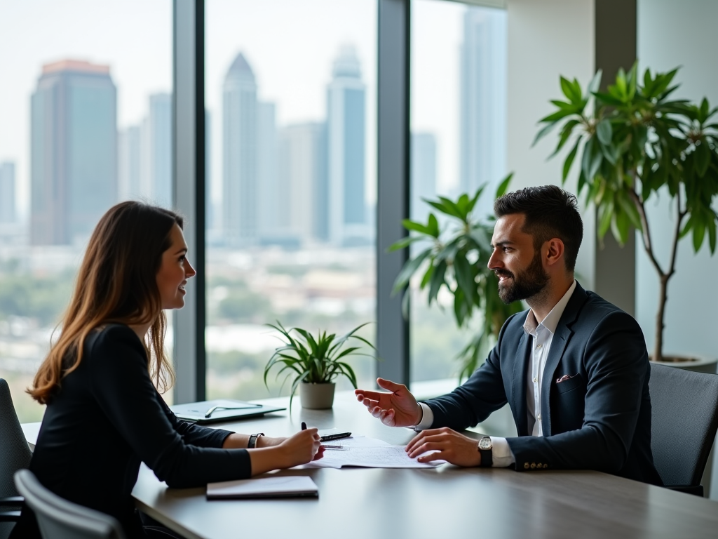 Two business professionals engaged in a discussion at a modern office with a cityscape backdrop.