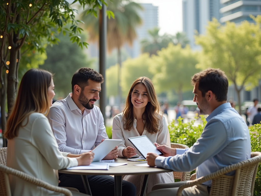 Four professionals engage in a discussion at an outdoor café, surrounded by greenery and city buildings.